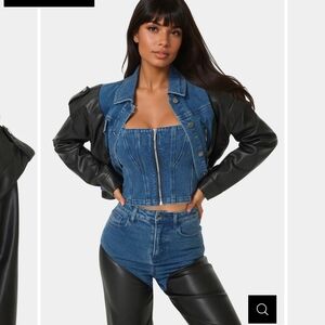 Bebe Vegan Leather Combo Denim Jacket (Xs), Jeans (27) And Matching Corset (Xs)